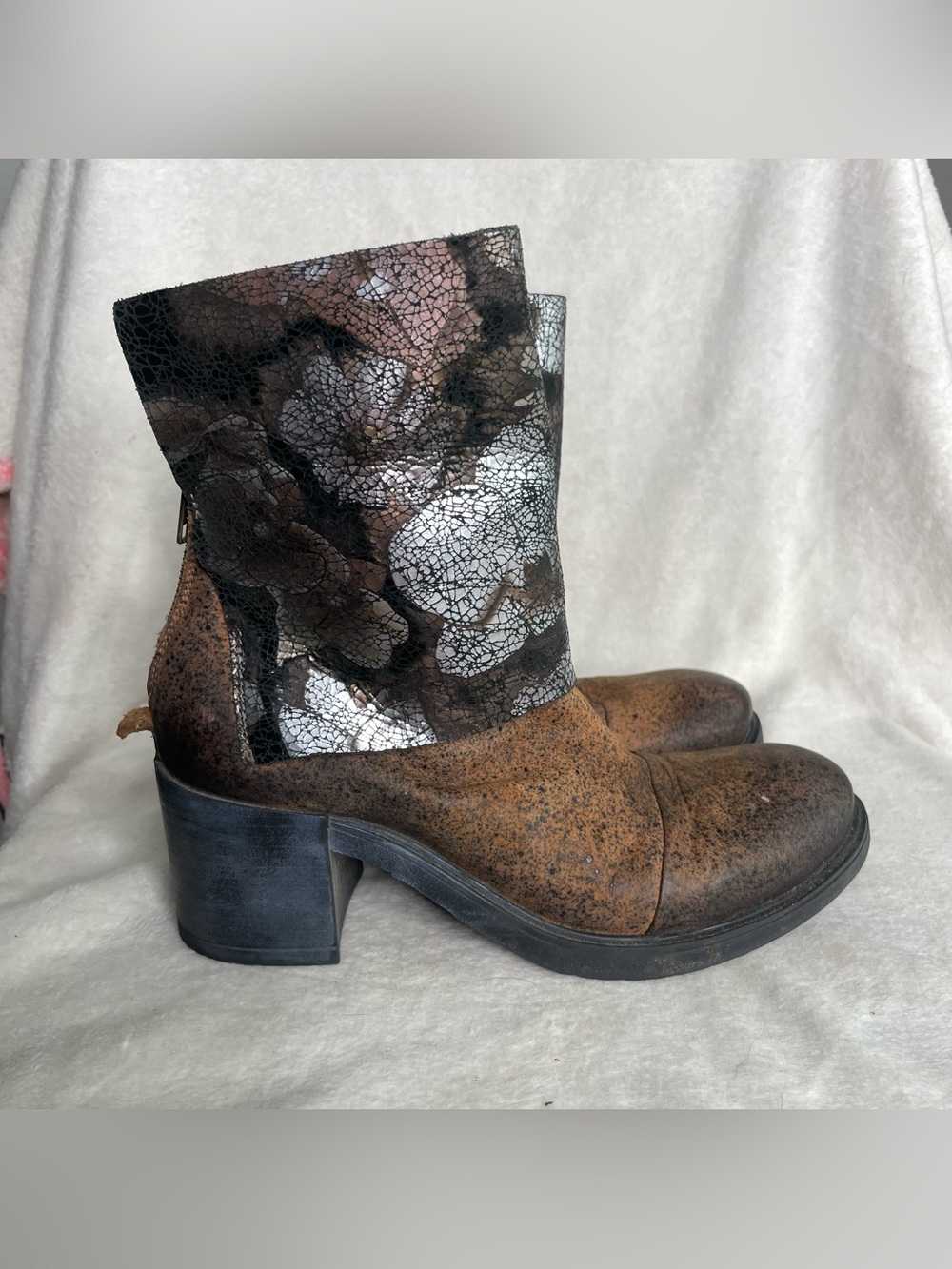 Papucei Distressed Leather Floral Crackle Metallic Heeled Boots Women Size 40 US